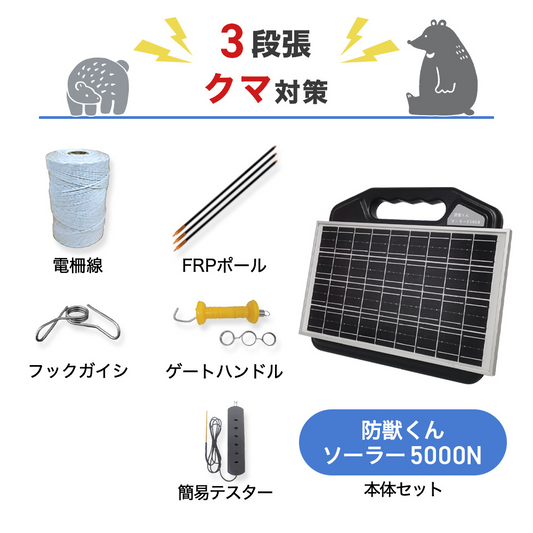 【750m×3段張り】ネクストアグリ 電気柵 防獣くんソーラー5000N クマ対策
